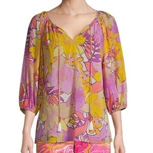Trina Turk Abree Silk Pink Orange Floral Print Tie Neck Tassel Blouse - M